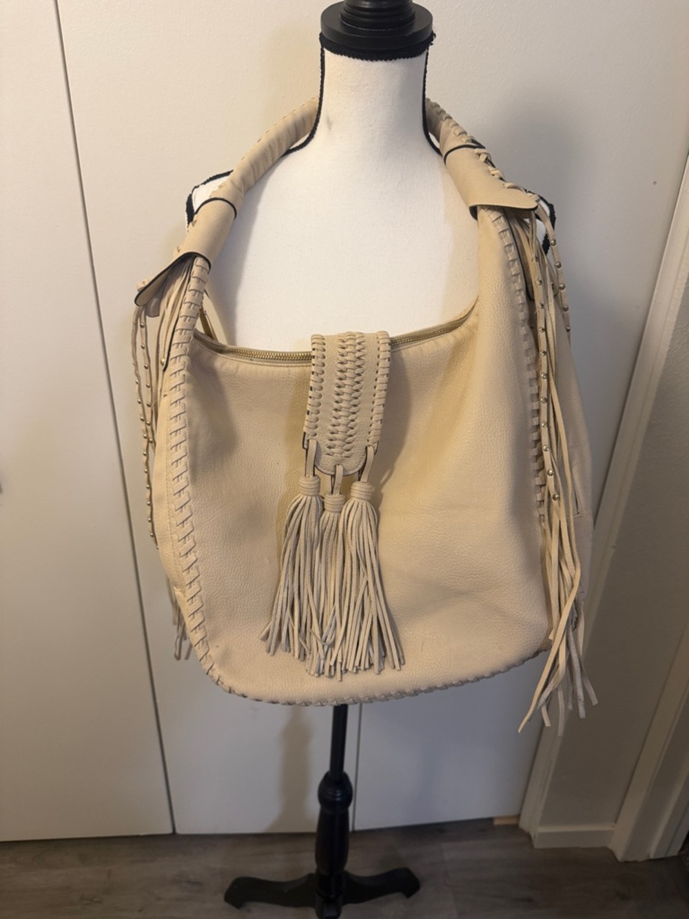 Big Buddha Cream Color Fringe Hobo Bag with Tassel Detail